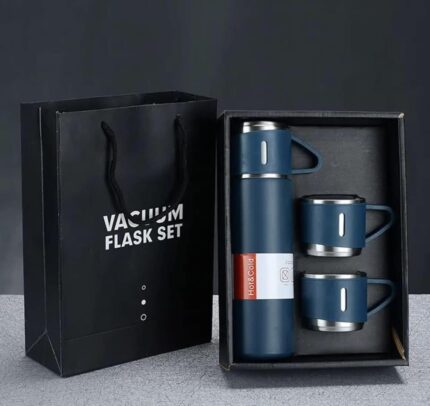 Stainless Steel Vacuum Insulated Bottle Water Flask Gift Set with Two Cups Hot & Cold | Diwali Gifts for Employees | Corporate Gift Items | Vacuum Flast Set with 2 Mugs (Dark Blue)