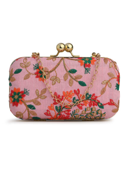 Pink & Gold Embroidered Box Clutches For Girls and womens(01)
