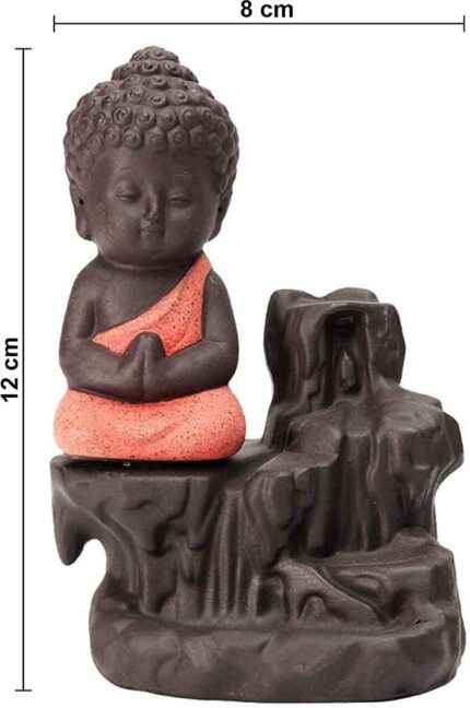 Handcrafted Meditating Little Baby Monk Buddha Smoke Backflow Cone Incense Holder with 10 Incense Cones