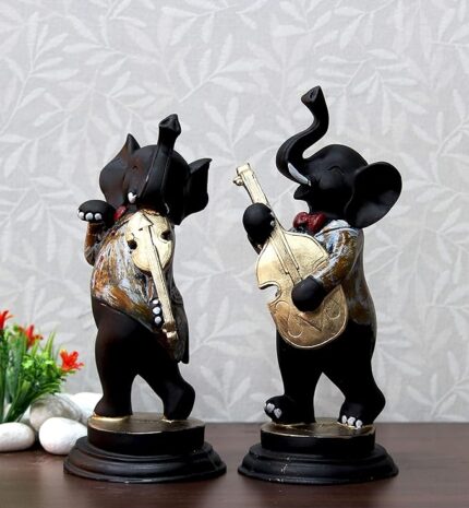 Handpainted Set of 2 Dancing Ganesha Playing Musical Instruments Decorative Showpiece - 28 cm (Polyresin, Multicolor)