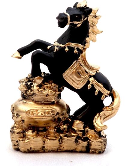 Handcrafted Lucky Running Horse with Money Bank for Vaastu Purpose Decorative Showpiece - 17 cm (Polyresin, Black, Gold)